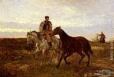 Horses Canvas Paintings - Leading the Horses Home at Sunset
